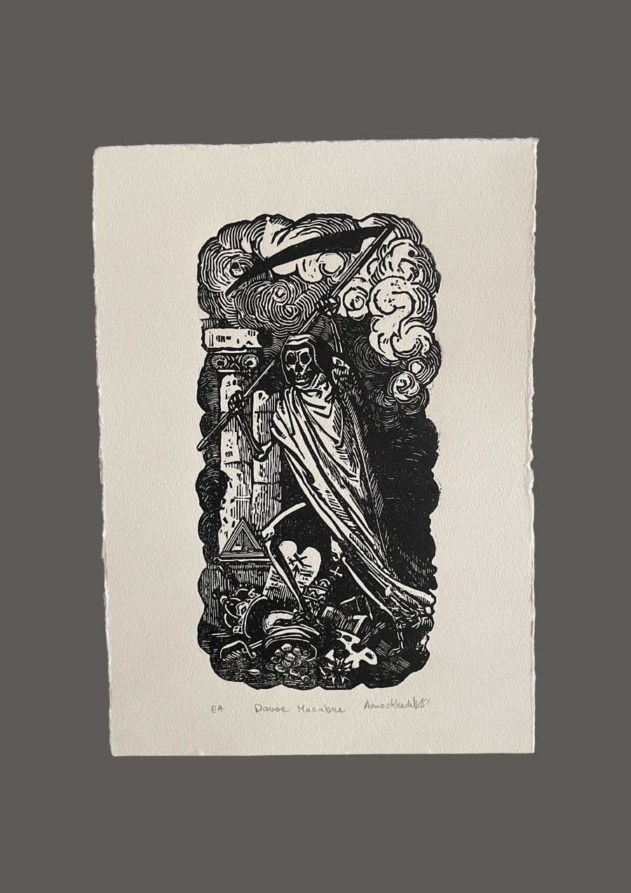 Reproduction gravure du 15e s. Squelette avec une faux posant le pied sur un butin.