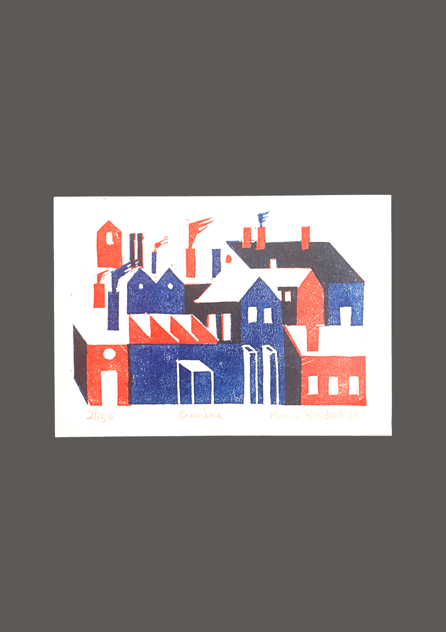 Linogravure rouge et bleu d’une cité ouvrière