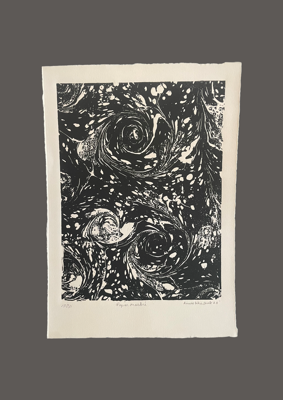 Linogravure en noir motif type papier marbre